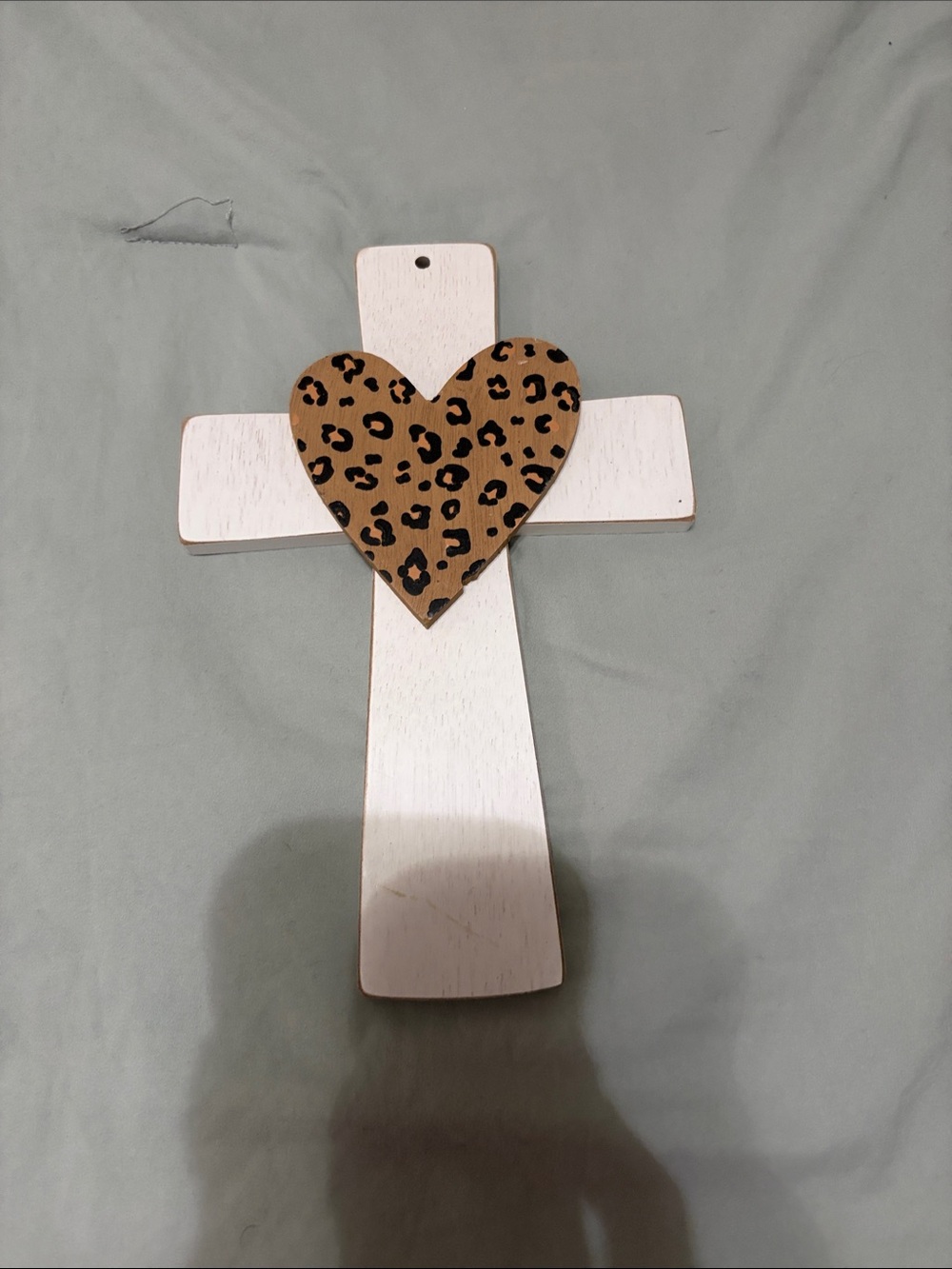 Hobby Lobby White Wooden Cross with Leopard-Print Brown Heart